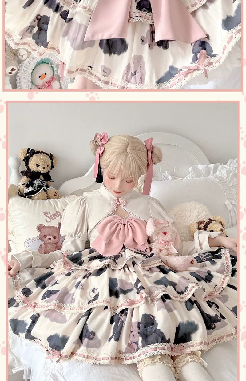 Baozi Pig - Teddy Bear Tiered - Three-Tier JSK Dress with Lace Edging
