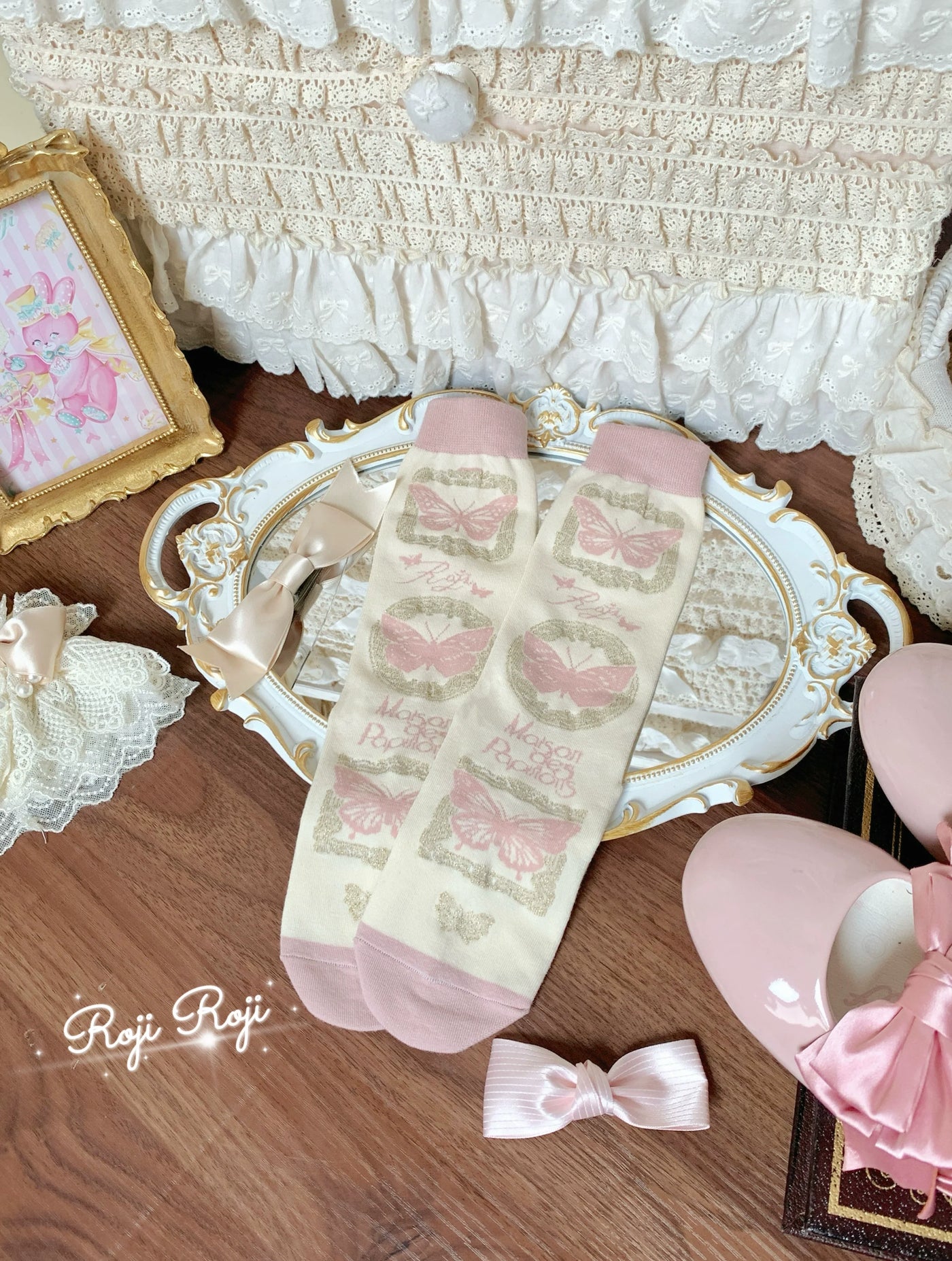 Roji Roji - Sweet Lolita Cotton Socks - Detachable Cuff Bow Trim Socks