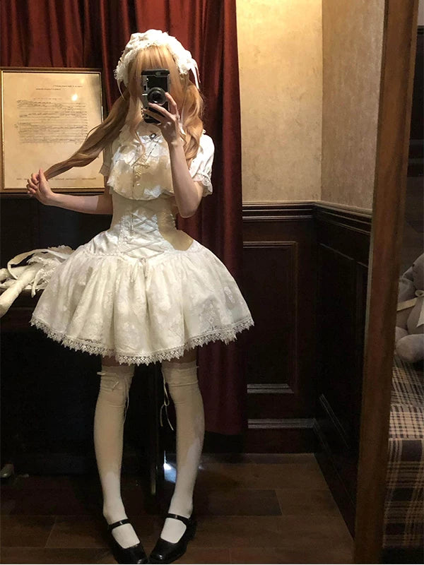 Creamy - White Gothic - Blouse Set with Bib and Short Skirt