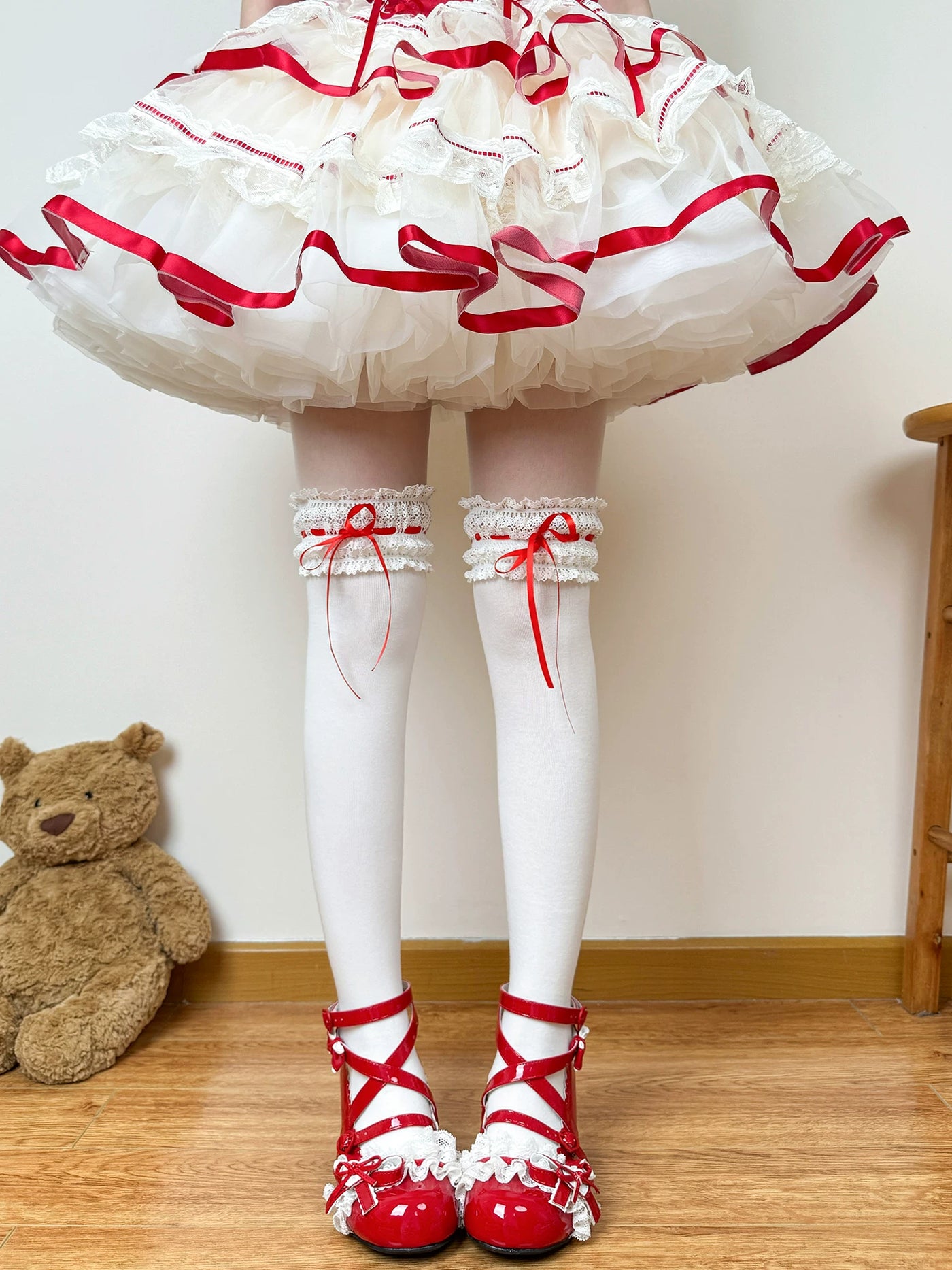 Chubby Bear Tales - Cream Ballet - Lace-Trimmed Socks with Ribbon Ties