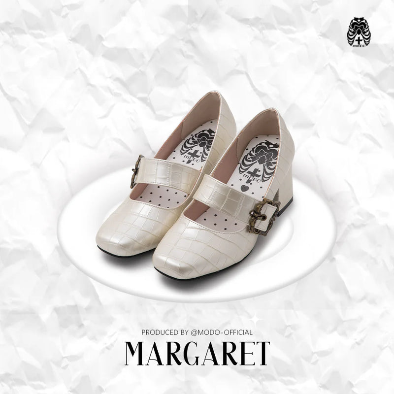MODO Margaret Pointed-Toe Mary Jane Lolita Shoes – Croc-Effect Pearl White – view 9