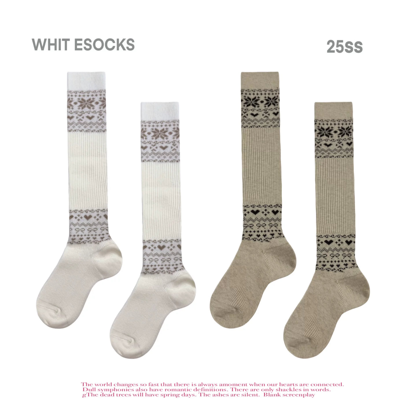 White Socks - Nordic Gray - Mid-Calf Slouch Socks with Fair Isle-Style Bands
