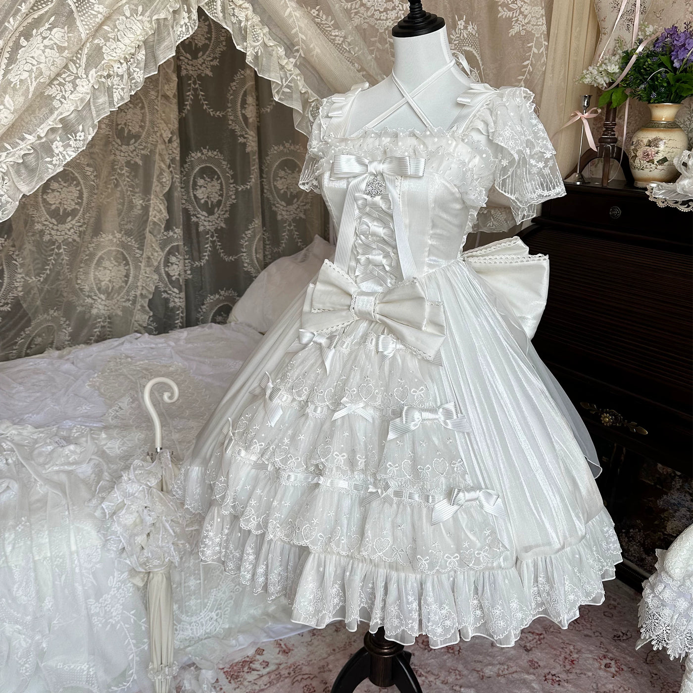 Moon Lily - Love Snow - White-and-Pink or Pure-White JSK with Layered Lace and Bows