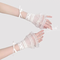 Floral Milk Cat - Star and Moon - Fingerless Lace Gloves & Wristcuffs with Ribbon Ties - White, length approx 13cm / Taglia unica