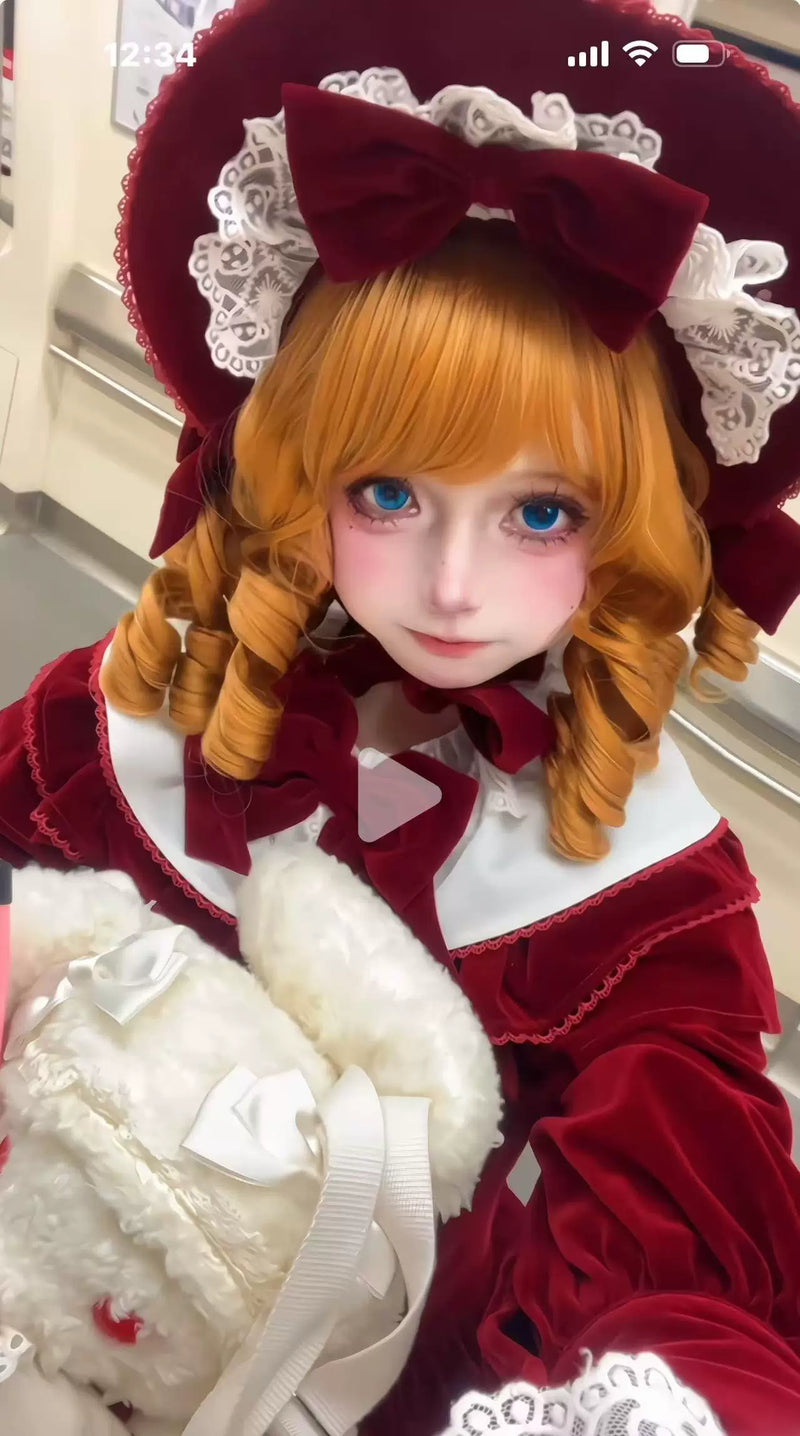 Velvet Doll Tiered Lolita Dress — Single Item, Red Bonnet