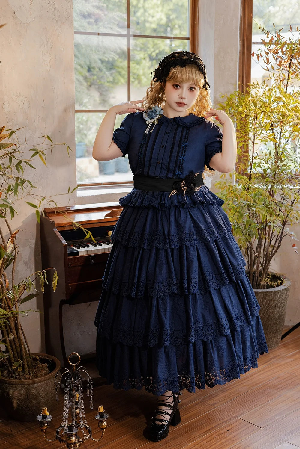 Forest Waltz - Classic Lolita Tiered Skirt Multi-layer Embroidered SK S Navy 4-layer skirt only