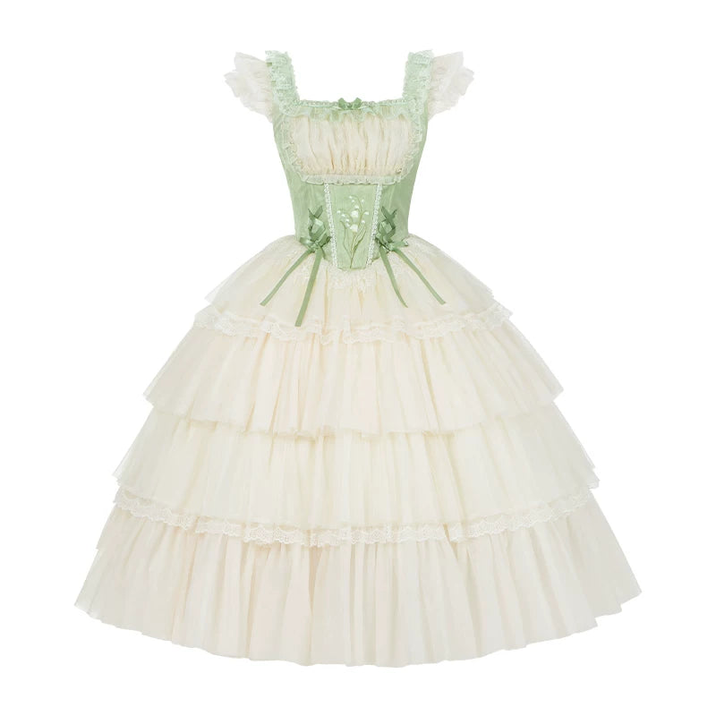 With PUJI - Lily of the Valley Whisper - Embroidered Classic Lolita Corset JSK Dress detail view 9