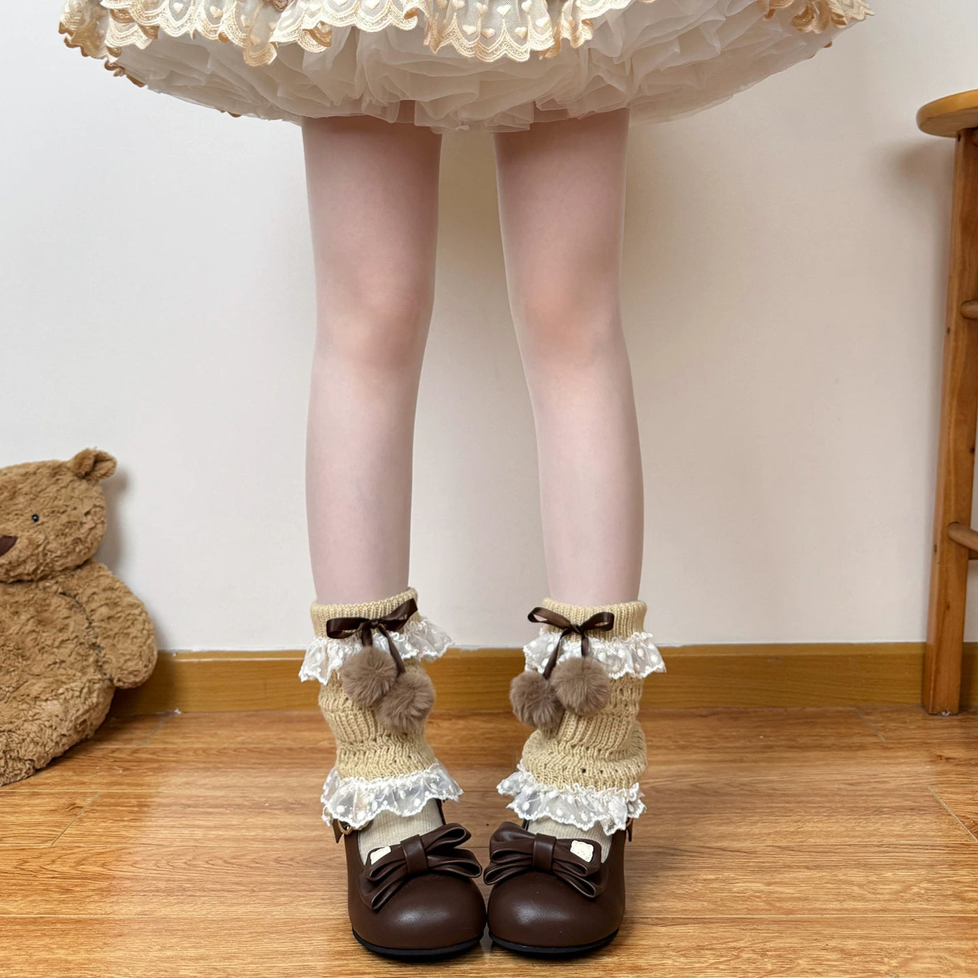 Chubby Bear Tales - Doll Pom-Pom Layers - Mid-Calf Scrunch Socks with Lace Trim