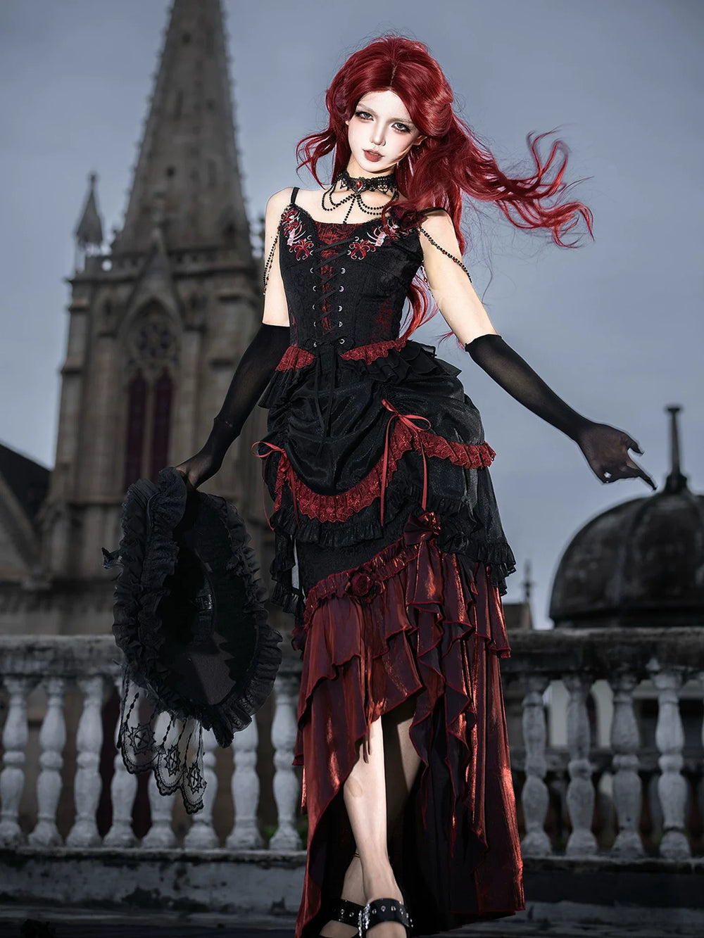 Your Princess - Bone Rot Bloom - Gothic Lolita Embroidered Camisole & Drawstring Lift-up Hem Skirt