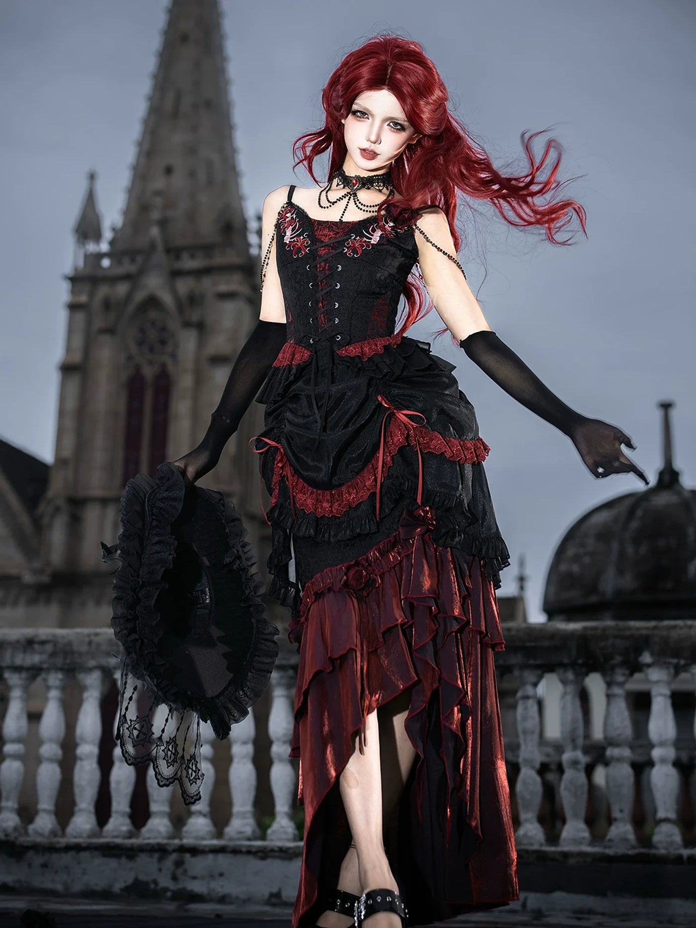 Your Princess - Bone Rot Bloom - Gothic Lolita Embroidered Camisole & Drawstring Lift-up Hem Skirt