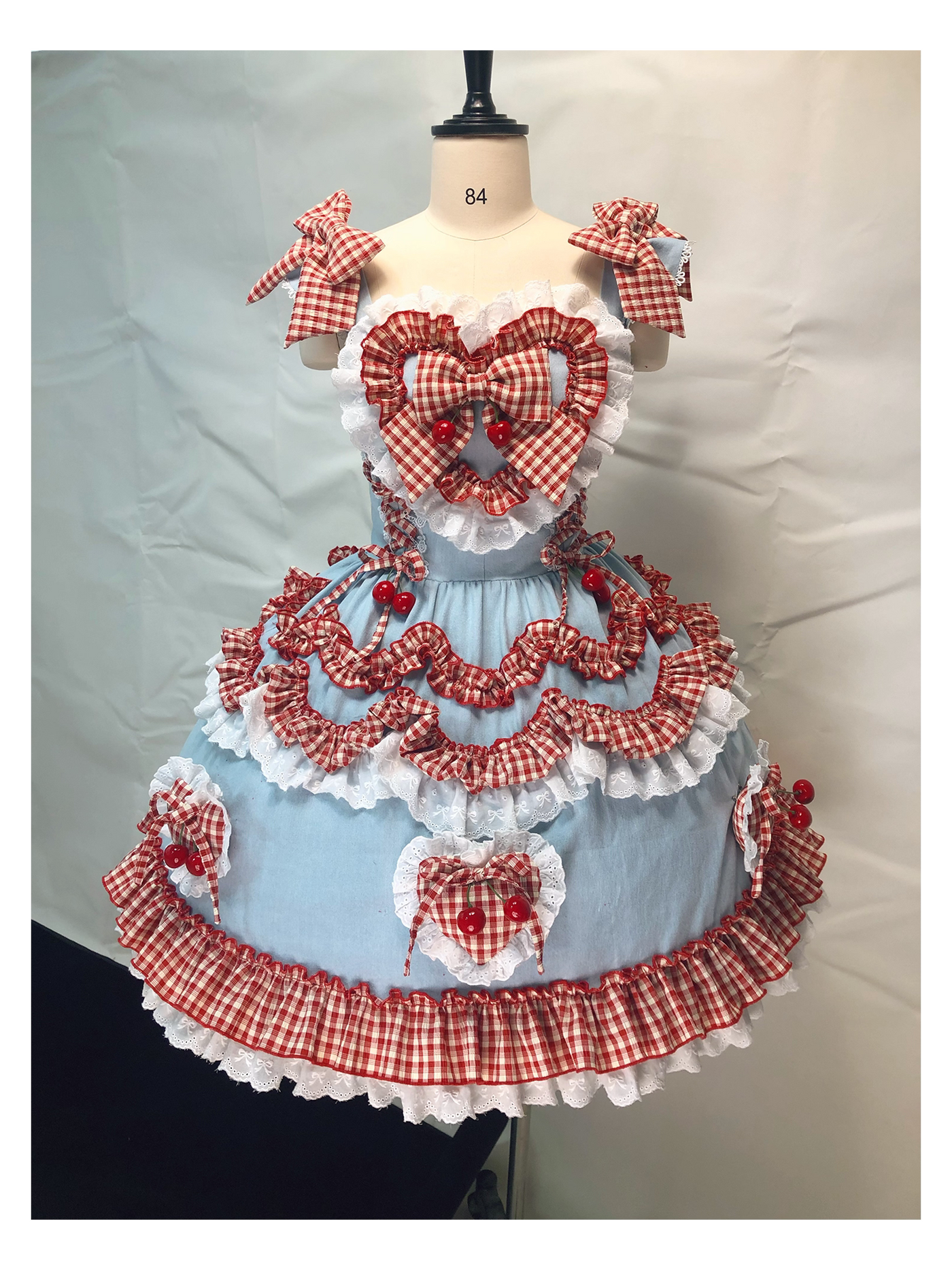rosedecheese red polka dot sweet Lolita JSK with heart-shaped chest bow and cherry embellishments