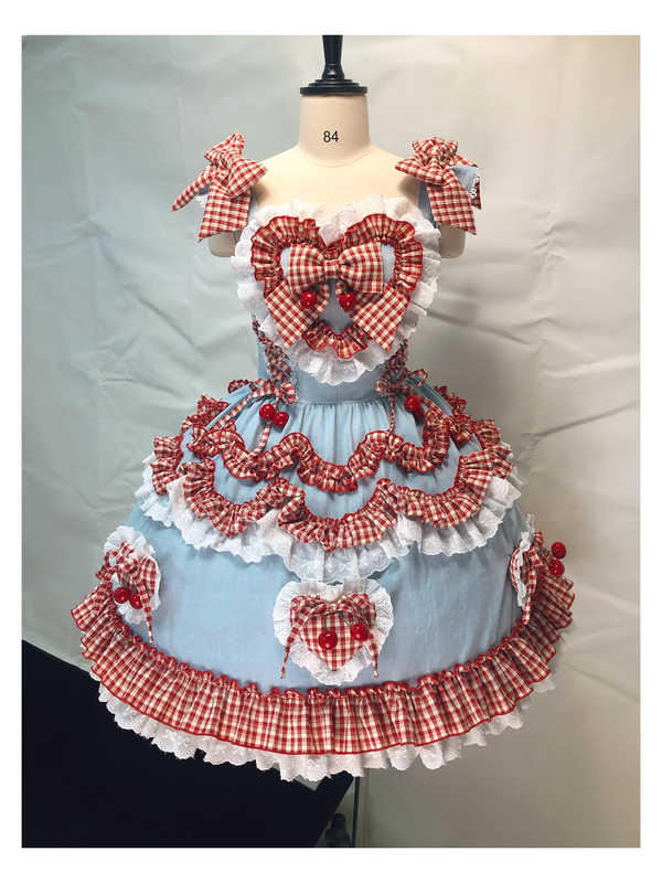 rosedecheese red polka dot sweet Lolita JSK with heart-shaped chest bow and cherry embellishments
