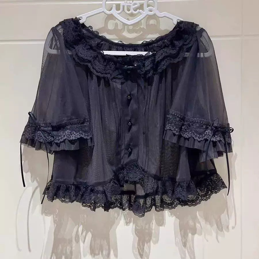 Black sheer lace Lolita cropped cardigan with puffy short sleeves