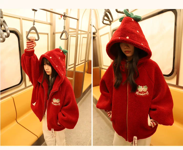 Baozi Pig - Strawberry Head - Plush Hooded Jacket with Strawberry Embroidery