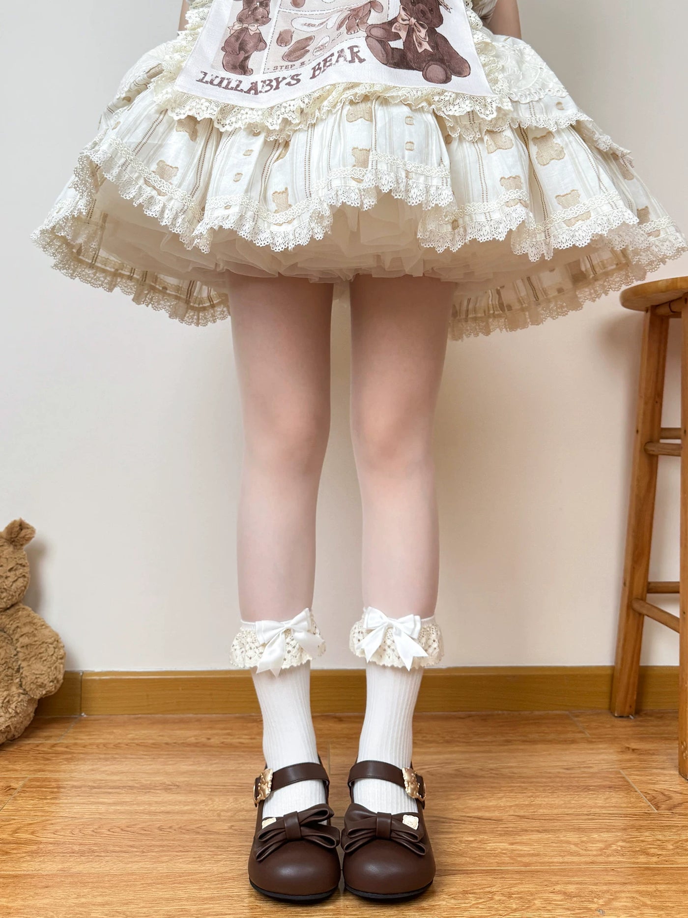 White Lolita mid-calf socks with teddy bear motif and double bows