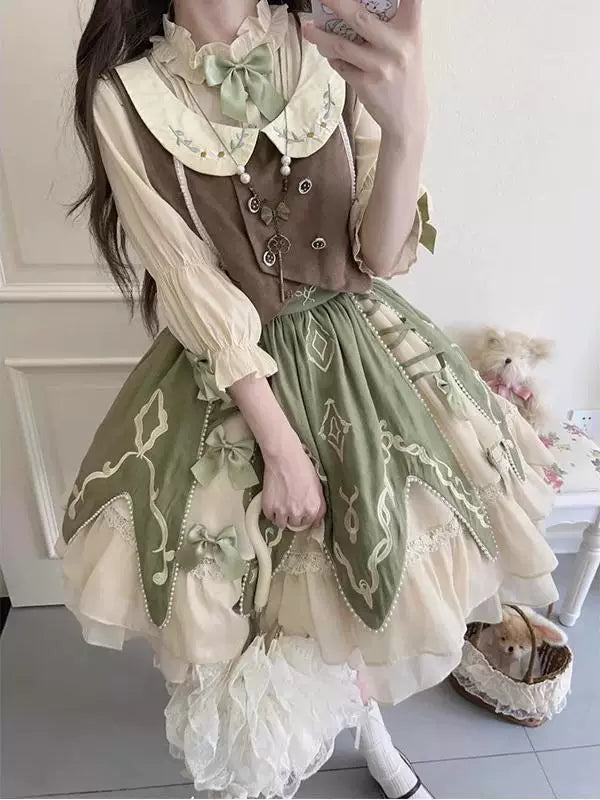 Creamy - Pastoral Garden - Vest, Shirt and Short Skirt Set with Green Panelled Skirt