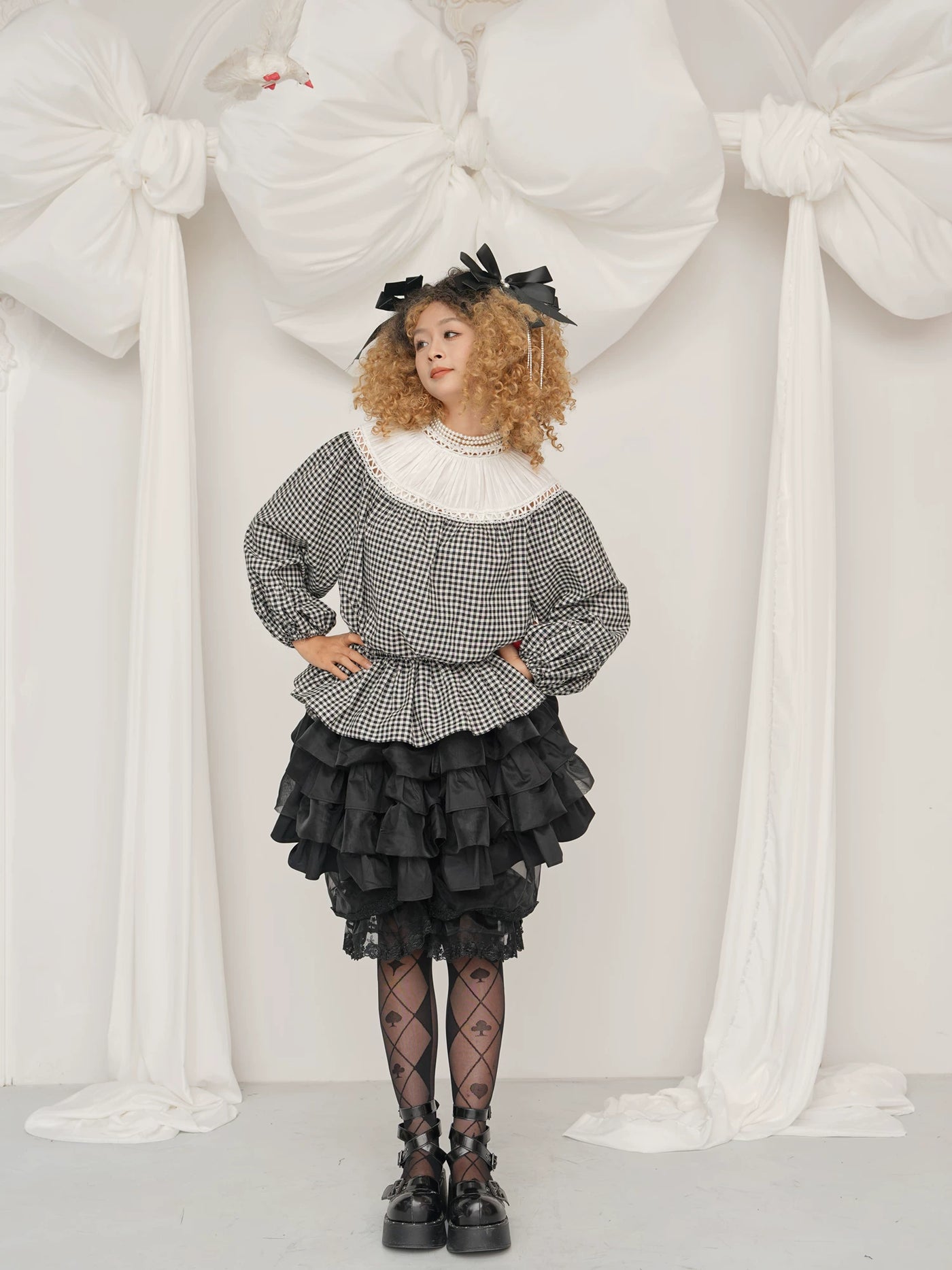 LACE GARDEN - Doll Check - Black-and-White Plaid Blouse and Pumpkin Pants Set with Layered Ruffles