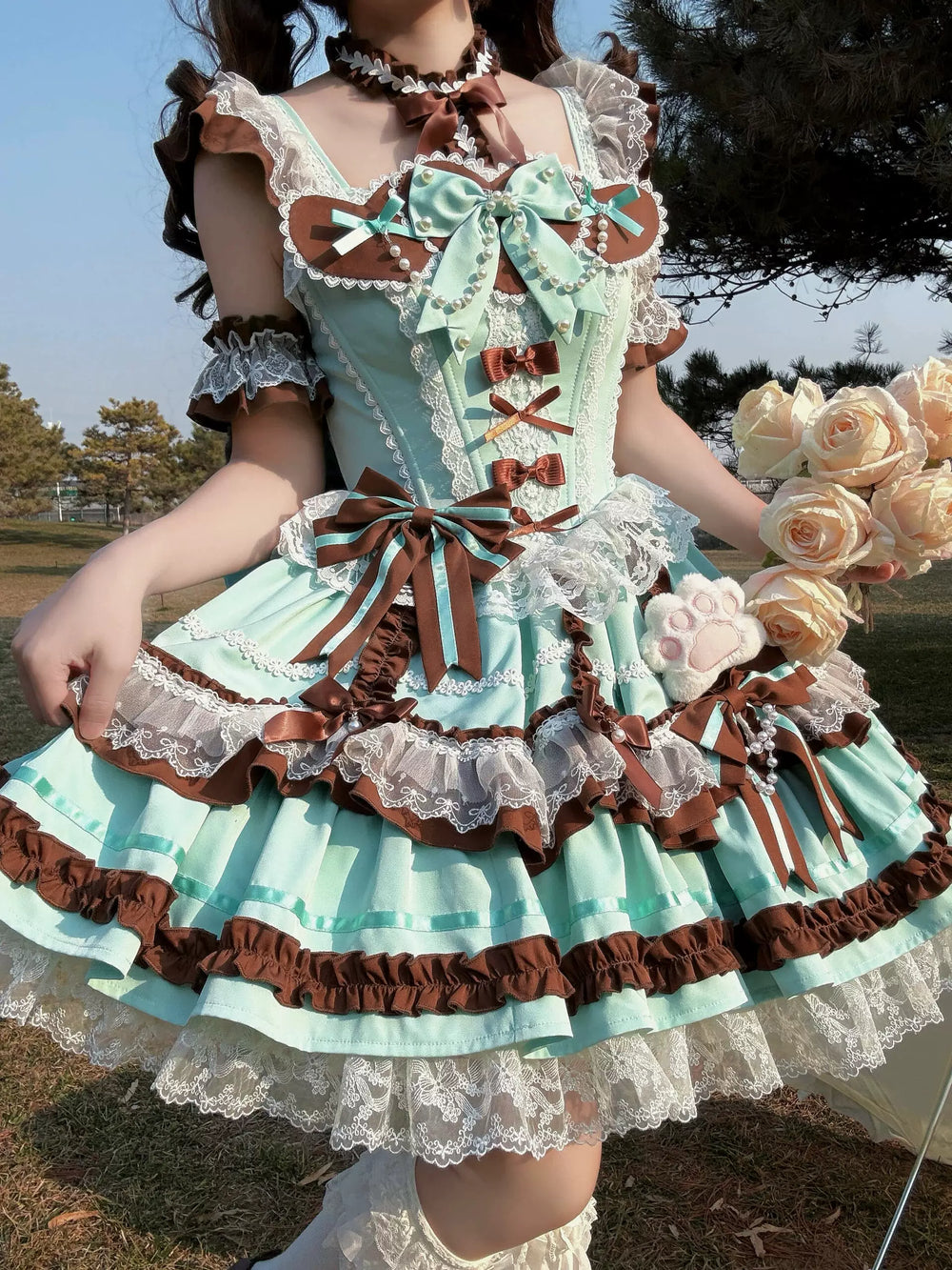 Mint and brown JSK dress with lace trim and bow details