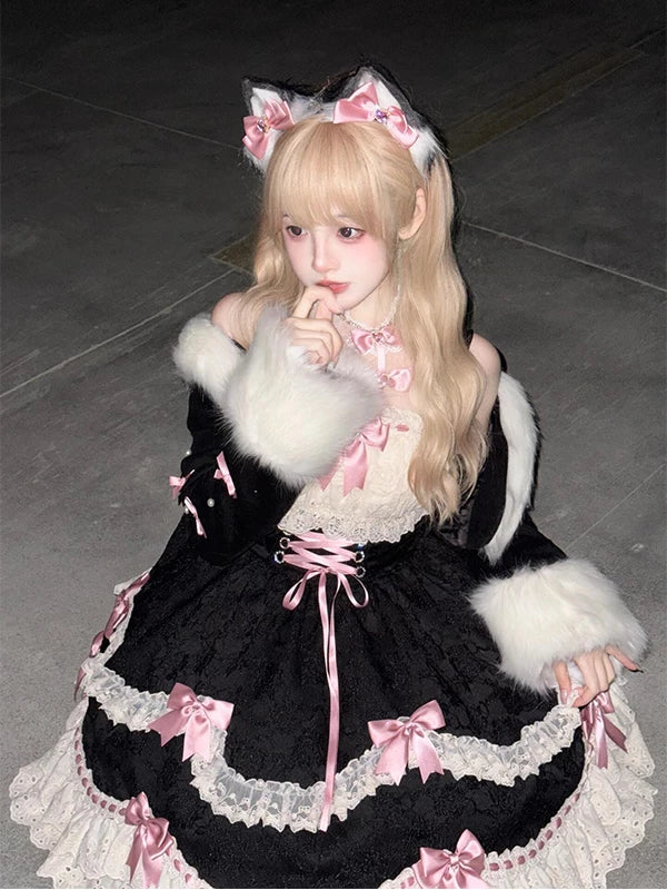 Creamy - Midnight Pink Bow - OP Dress Set with Furry Coat and Lace Trim