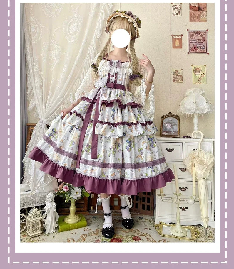 Qianmu - Blueberry Midsummer - Country Lolita Tiered JSK, Blueberry Print