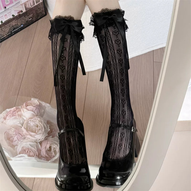 Fantasy Doll - Heart Lace - Heart-Pattern Openwork Mid-Calf Socks