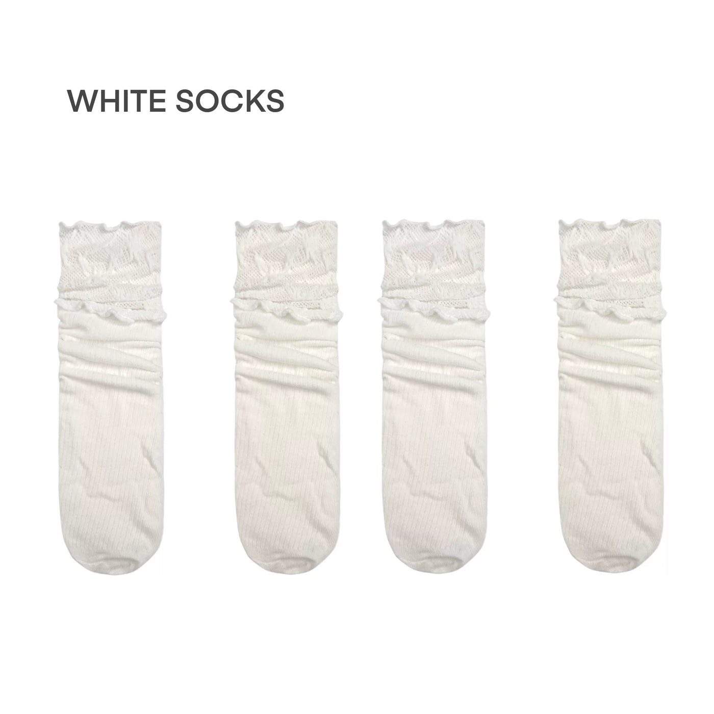 White lace-trimmed mid-calf Lolita socks on plain white background