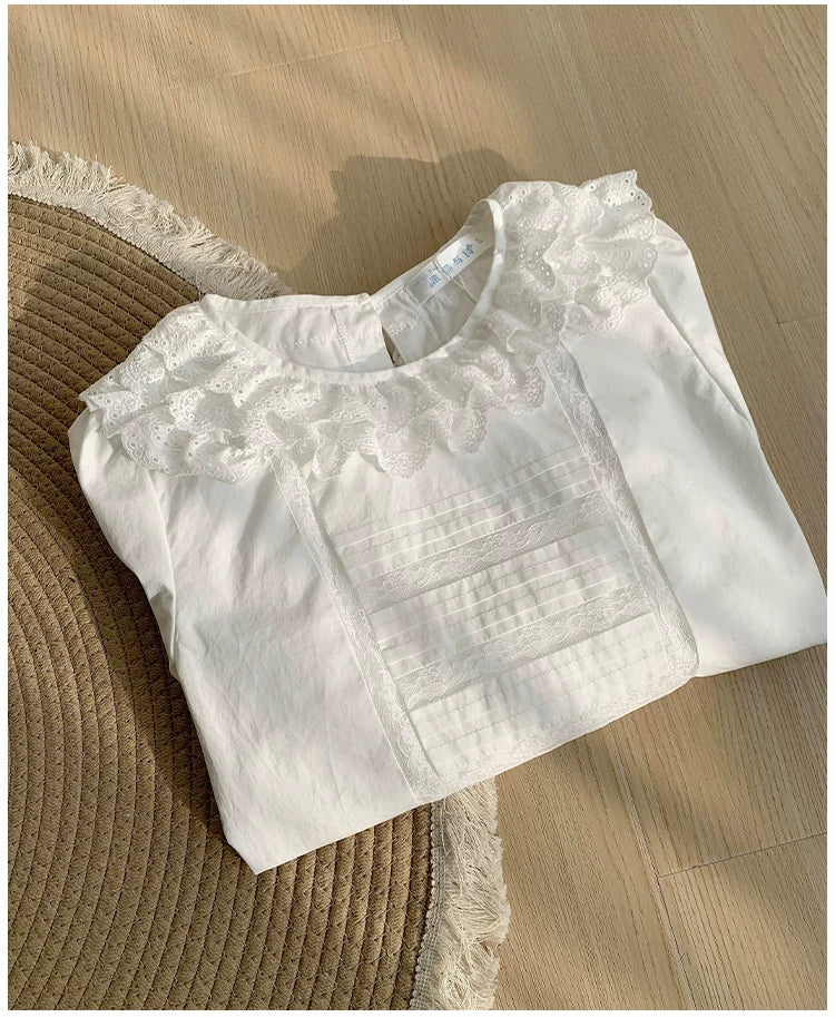 With PUJI - Jennie - Sweet Lolita Cotton Shirt, Ruffled Round Collar