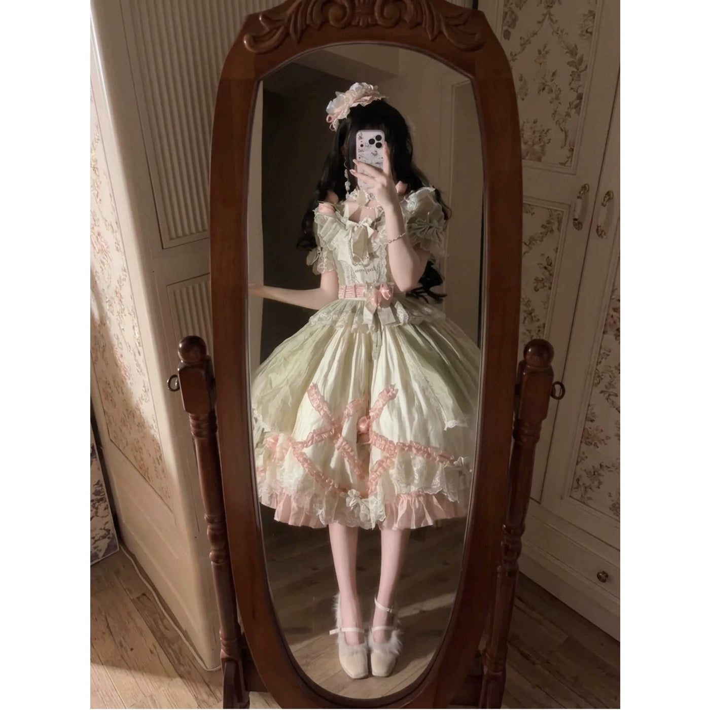 Creamy - Green-Pink Garden - Short-Sleeve Lolita Dress Set with Floral Details