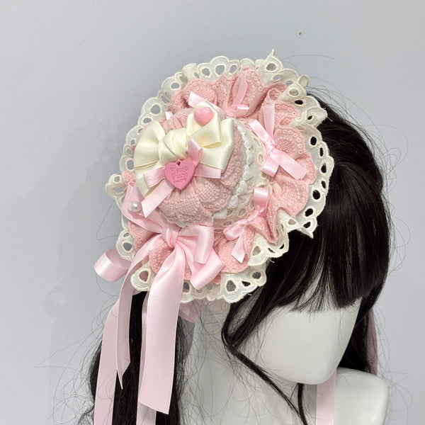 Cat Tart apricot-pink lace bow small hat or KC hair accessory