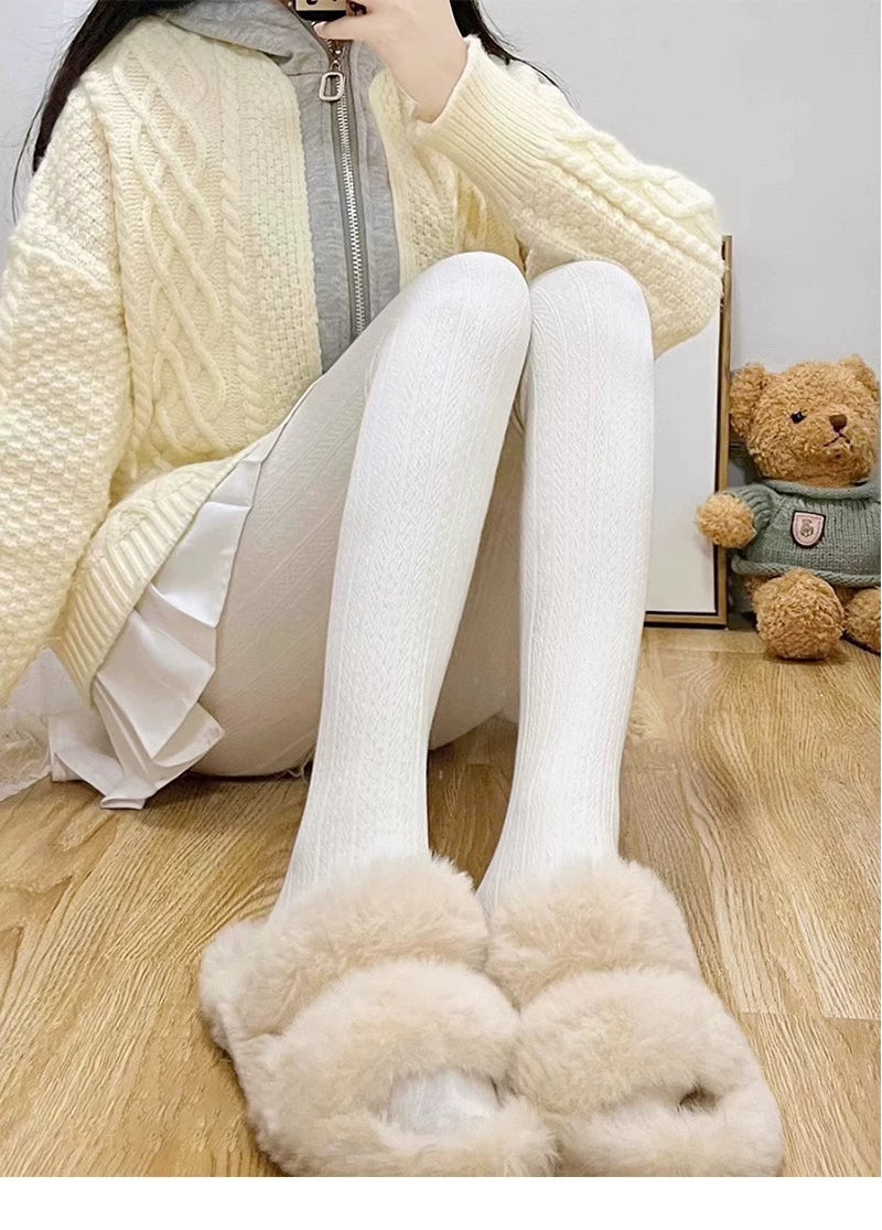 Floral Milk Cat - Cable Texture - High-Waisted Tights with Vertical Cable Texture