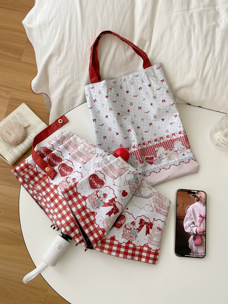 Independent Brand - Cherry Blossom Cat and Lamb - Cat motif sun/rain umbrella with manual and automatic options