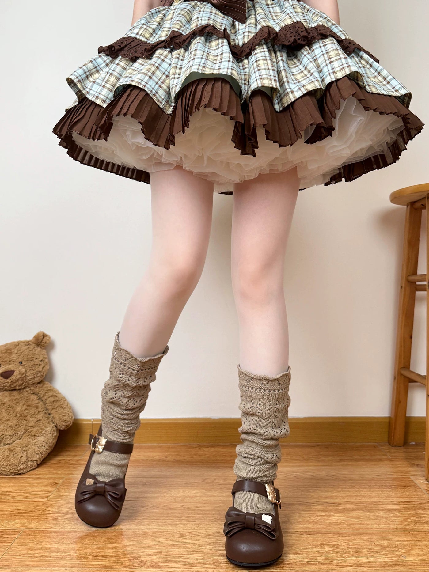 Chubby Bear Tales - Caramel Cocoa - Scrunched Calf Socks with Openwork Knit Texture