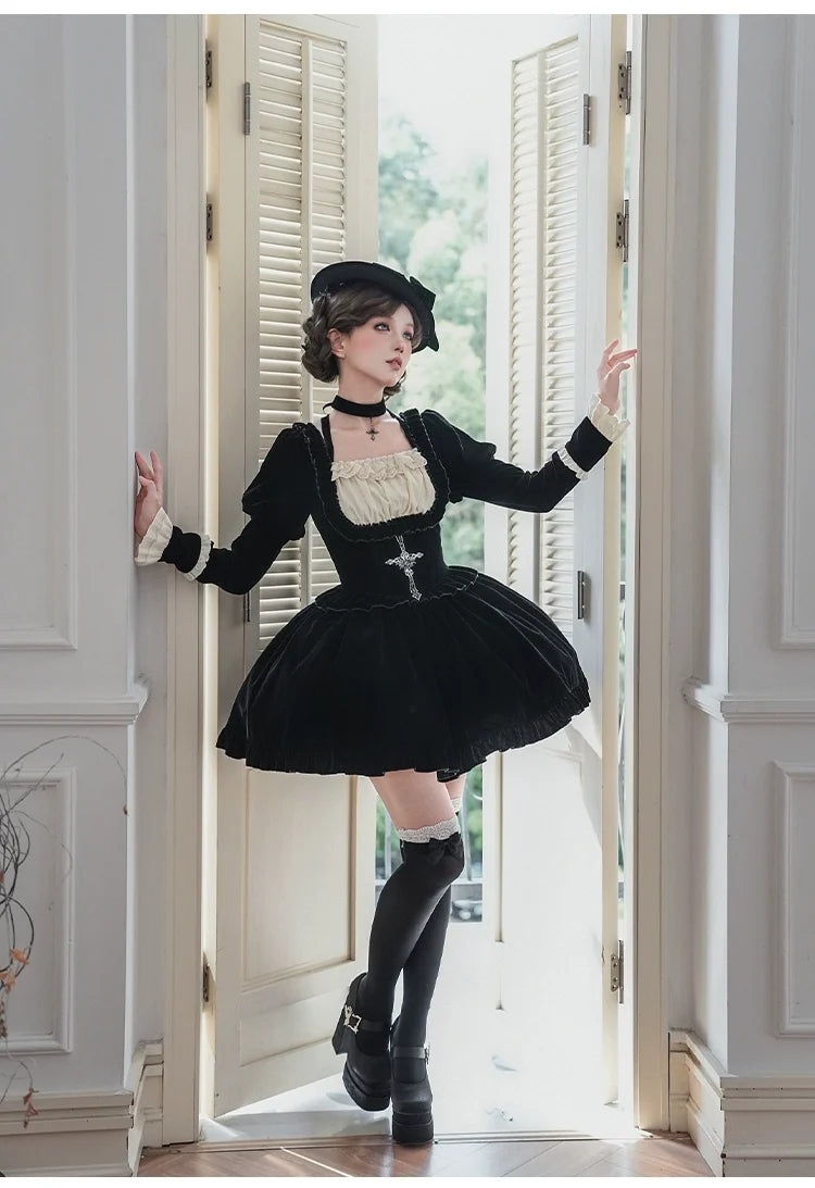 With PUJI - Apocalypse - Gothic Lolita Velvet OP Dress Set, Fishbone Waist