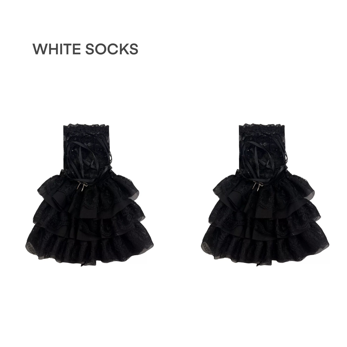 White lace leg warmers with layered blue ruffles and ribbon ties styled with silver shoes