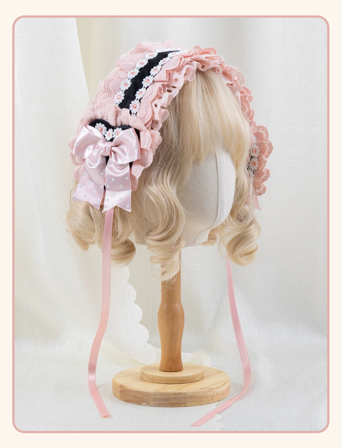 Stardust Rose - Sweet-Cool Polka Dot - Black or Pink Headbands and Flat Caps with Lace Bows