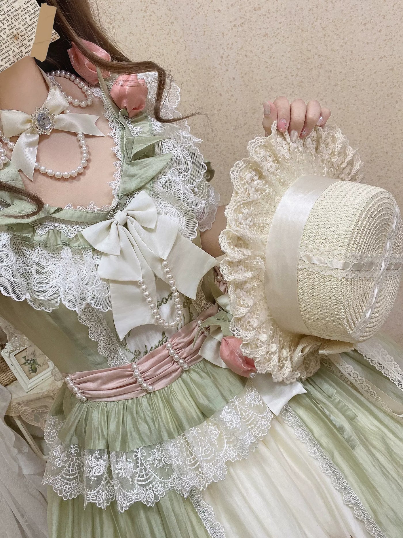 Creamy - Rose Garden Elegance - Green-Pink Lolita Dress with Layered Lace