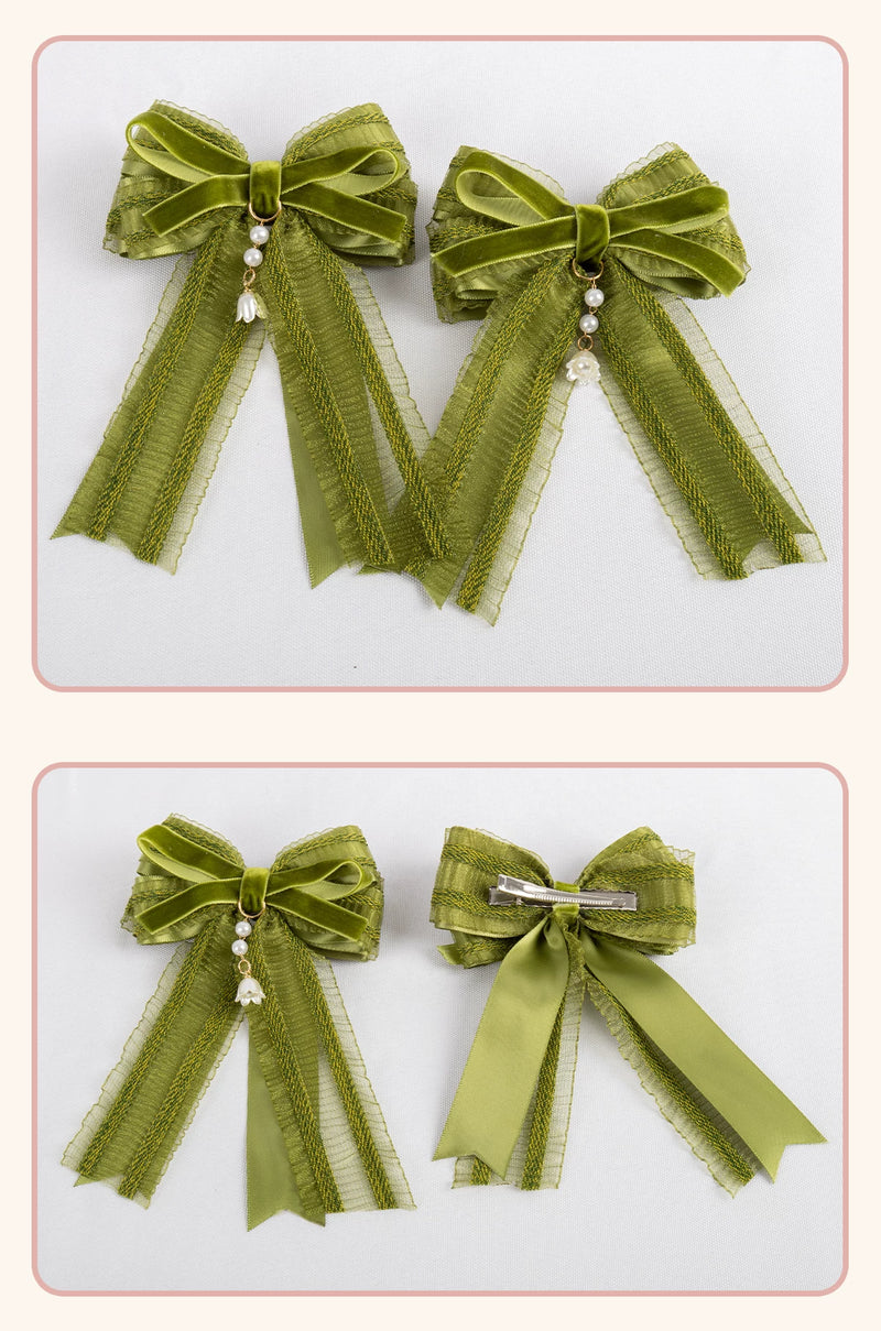 Stardust Rose - Lily of the Valley Woodland - Green Lace Lolita Headwear with Floral Ribbons