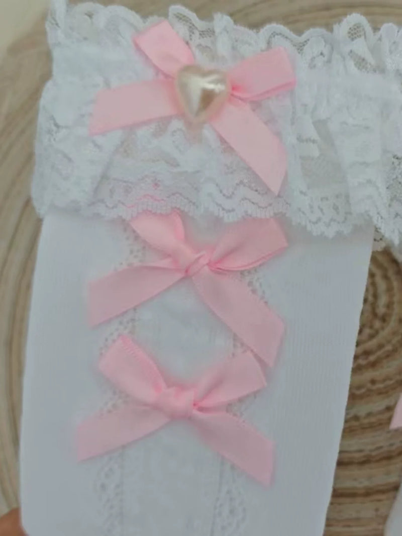 Fantasy Doll - Heart Jacquard - Mid-Calf Socks with Lace and Bow Details