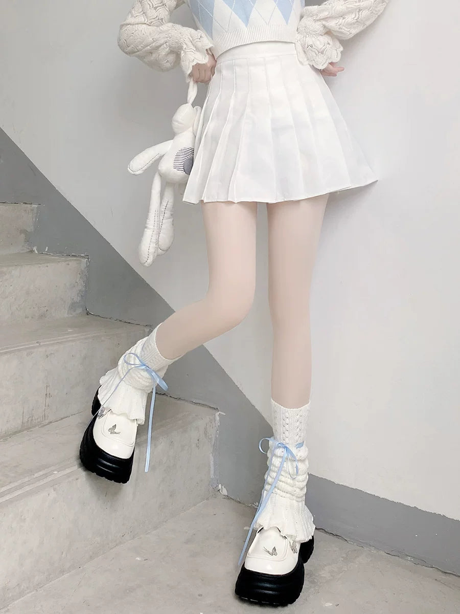 Floral Milk Cat - Ribbon Knit - Knitted Leg Warmers with Lace Cuffs and Ribbon Ties