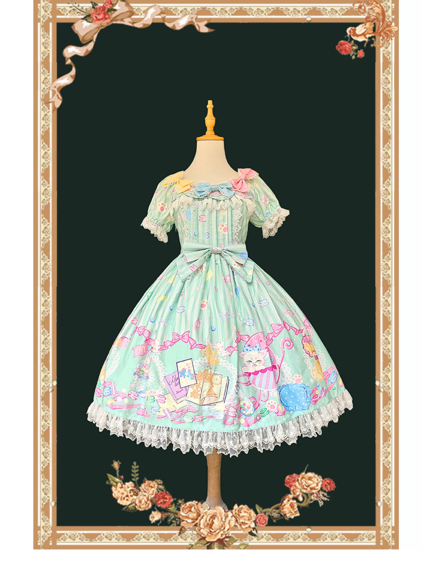 Macaron Dolly House - Sweet Lolita OP Printed Dress, Side Zipper Mint Green OP Only S