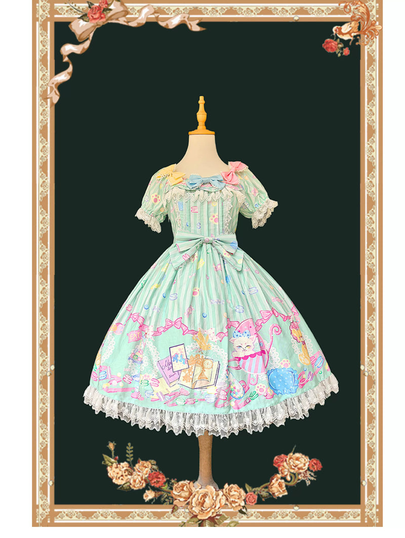 Macaron Dolly House - Sweet Lolita OP Printed Dress, Side Zipper Mint Green OP Only S