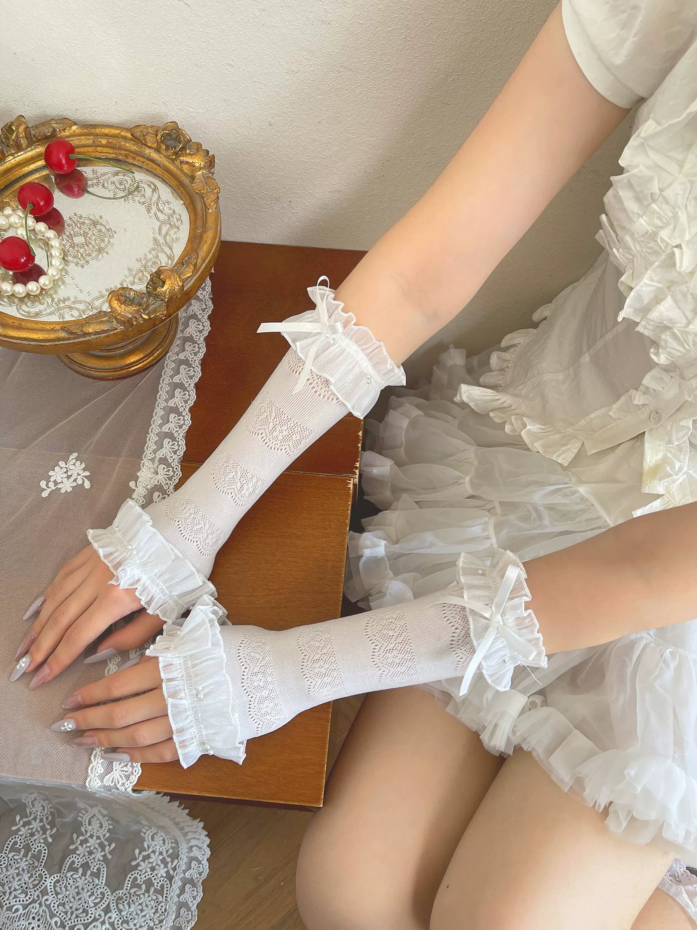 Sock Noble - Pearl Lace Bow - Fingerless Arm Sleeves with Ruffled Cuffs