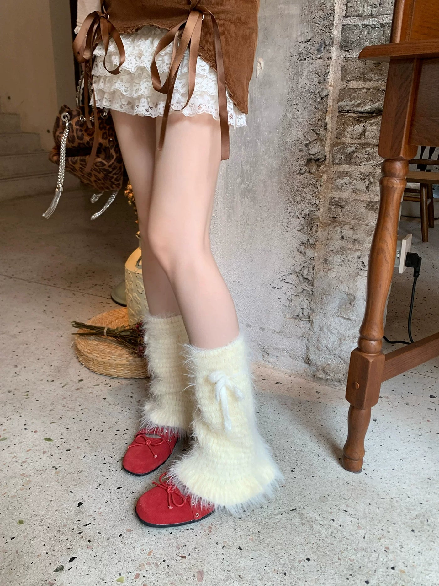 Fantasy Doll - Winter Bow Plush - Plush Mid-Calf Leg Warmers with Tie Bows