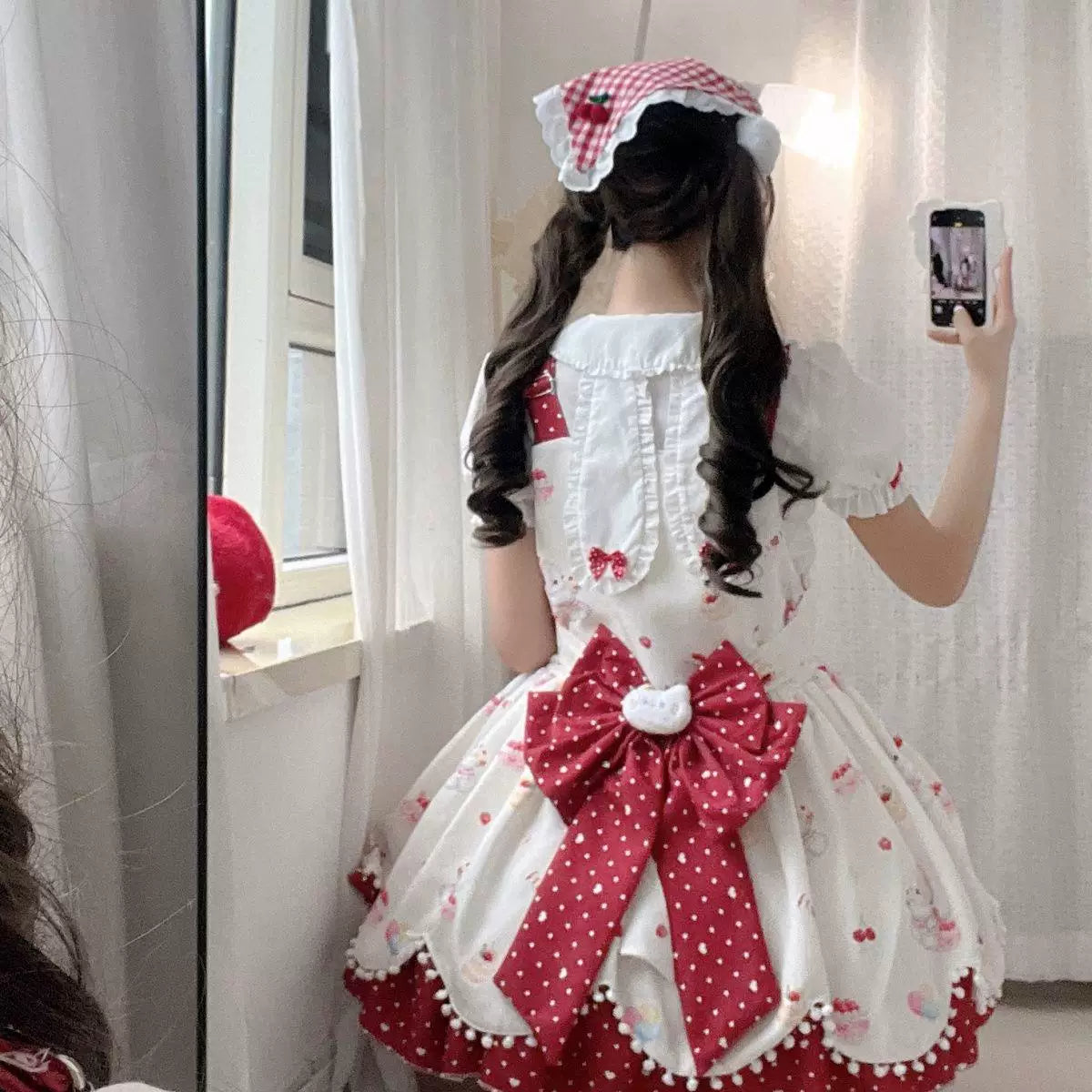 Sweetheart Dream Machine - Meow Meow Milk Cake - Printed JSK with Cherry-Red Bows