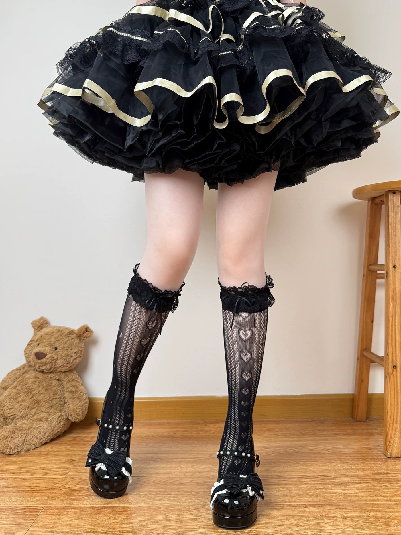 Chubby Bear Tales - Edith - Openwork Mid-Calf Socks with Lace Cuffs and Bows