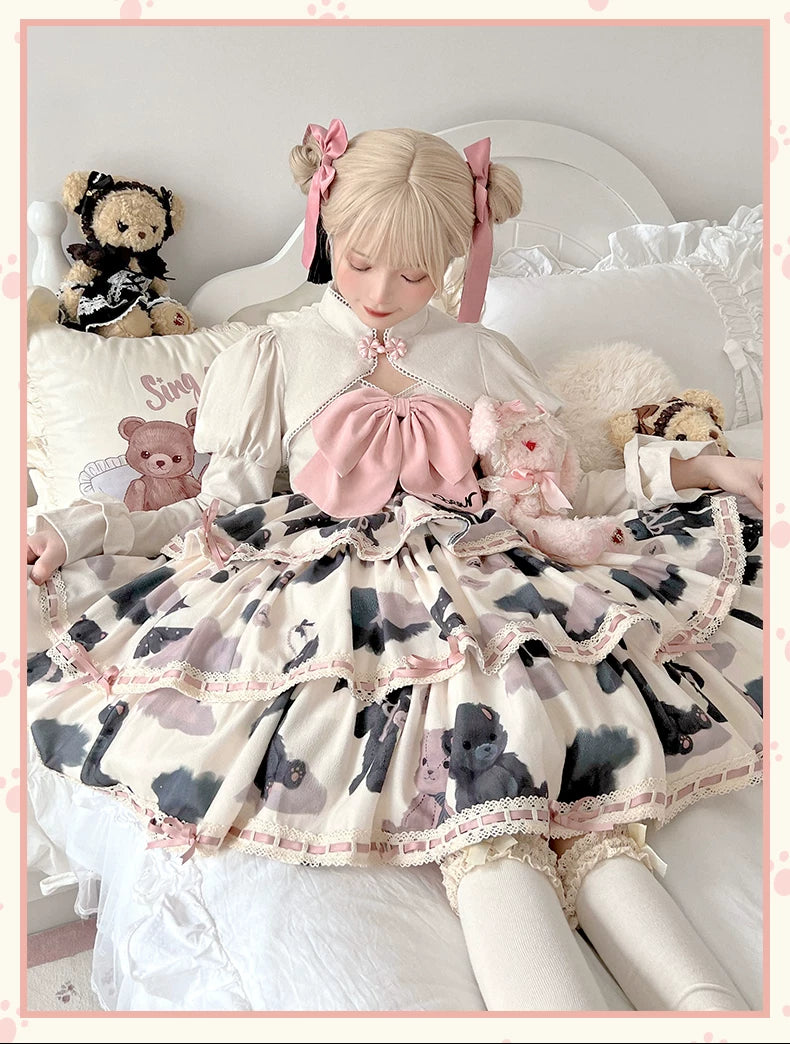 Baozi Pig - Bopi Bear - Three-Tier JSK Dress with Bear-and-Heart Motifs