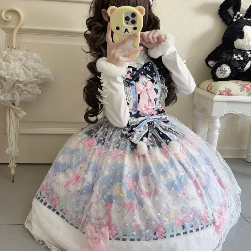 Lady Han Candy Mary Cat lolita JSK dress featuring a cute, colorful cat print and sweet design, styled with bows and ruffles.