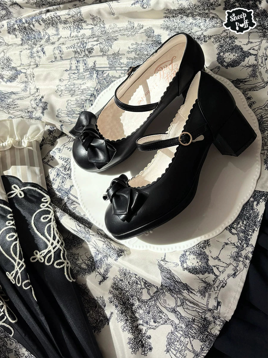 Sheep Puff Elegant Bow mid heel Lolita shoes featuring soft pastel colors and decorative bows for a stylish, feminine look.