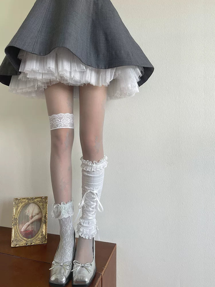 Sock Noble - Grey Layering - Mid-Calf Layered Legwear with Lace Trim and a Leg Ring