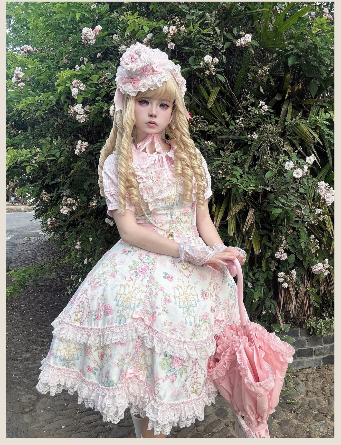Tata Long Ear - Spring 2025 Floral Wall - Floral Print JSK Dress with Layered Lace Ruffles